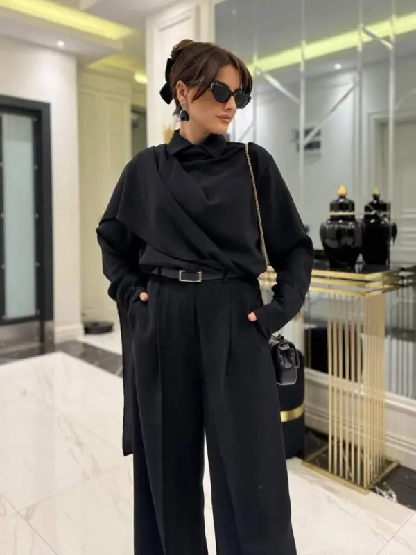 Kadın Uzun Kollu şal Detaylı Bluz Ve Pantolon Ikili Takım - 1