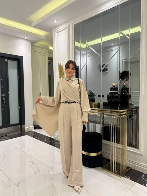 Kadın Uzun Kollu şal Detaylı Bluz Ve Pantolon Ikili Takım - 1