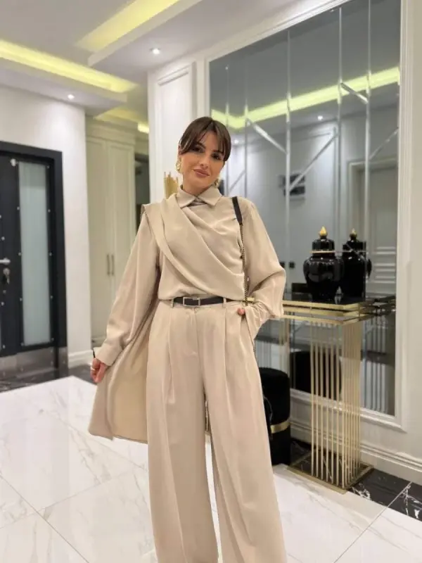 Kadın Uzun Kollu şal Detaylı Bluz Ve Pantolon Ikili Takım - 6