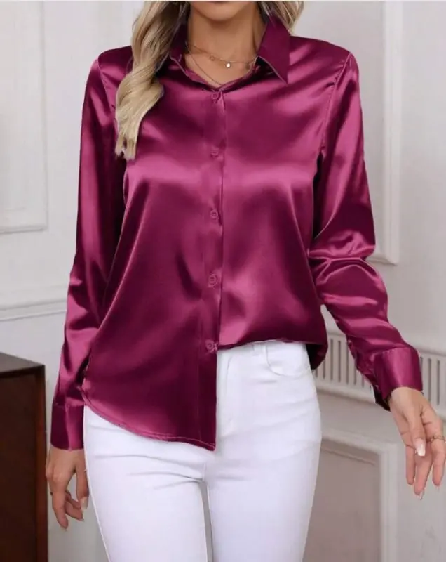 Kadın Uzun Kollu Saten Gömlek - BÜYÜKBEDENIZ