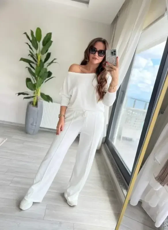 Kadın Uzun Kollu Tek Omuzdan Açık Dalgıç Bluz Ve Pantolon Ikili Takım - 3