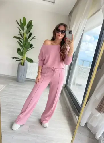 Kadın Uzun Kollu Tek Omuzdan Açık Dalgıç Bluz Ve Pantolon Ikili Takım - 3