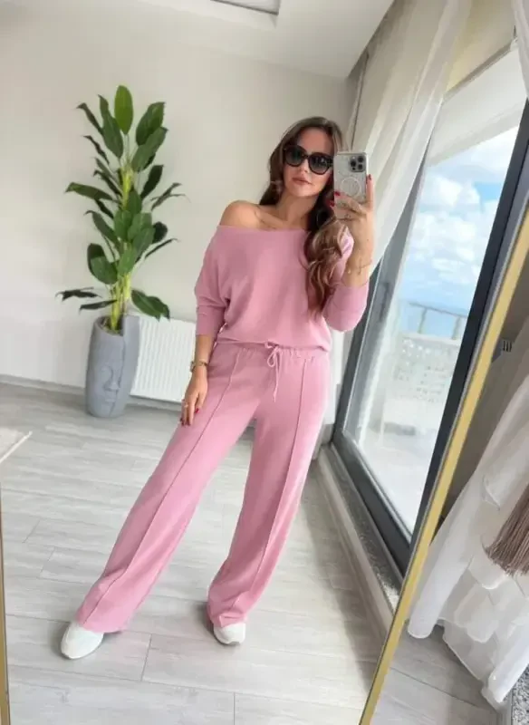 Kadın Uzun Kollu Tek Omuzdan Açık Dalgıç Bluz Ve Pantolon Ikili Takım - 3