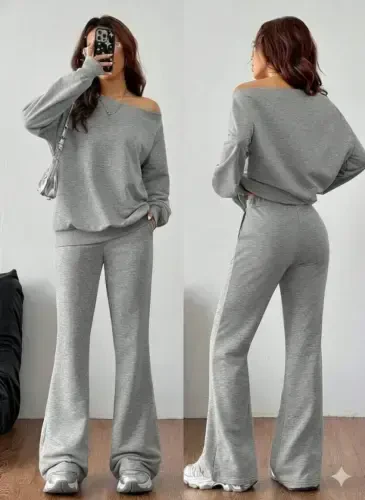 Kadın Uzun Kollu Tek Omuzdan Açık Iki Iplik Bluz Ve Pantolon Ikili Takım - 4