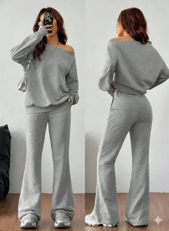 Kadın Uzun Kollu Tek Omuzdan Açık Iki Iplik Bluz Ve Pantolon Ikili Takım - 4