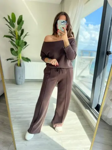 Kadın Uzun Kollu Tek Omuzdan Açık Modal Bluz Ve Pantolon Ikili Takım - 2