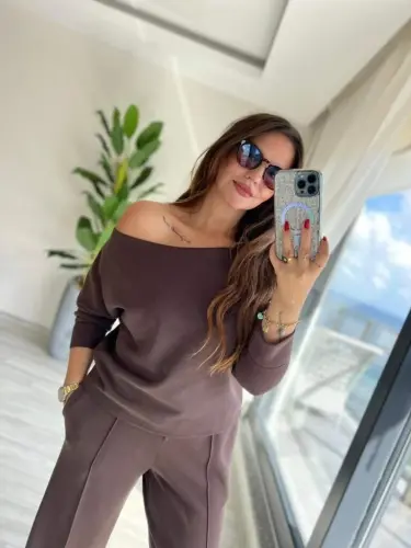 Kadın Uzun Kollu Tek Omuzdan Açık Modal Bluz Ve Pantolon Ikili Takım - 3