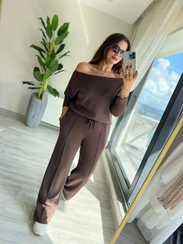 Kadın Uzun Kollu Tek Omuzdan Açık Modal Bluz Ve Pantolon Ikili Takım - 5