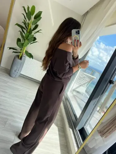 Kadın Uzun Kollu Tek Omuzdan Açık Modal Bluz Ve Pantolon Ikili Takım - 6