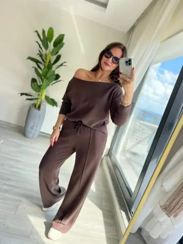 Kadın Uzun Kollu Tek Omuzdan Açık Modal Bluz Ve Pantolon Ikili Takım - 4