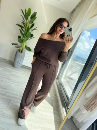 Kadın Uzun Kollu Tek Omuzdan Açık Modal Bluz Ve Pantolon Ikili Takım - 5