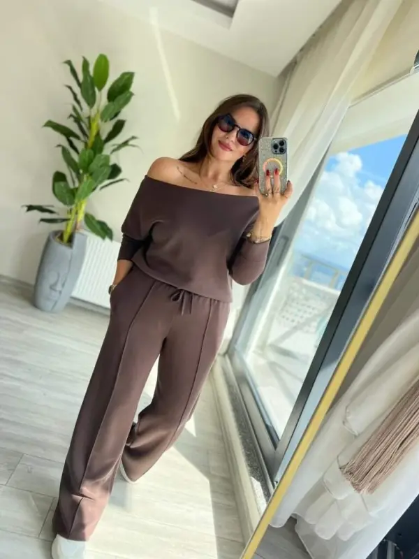Kadın Uzun Kollu Tek Omuzdan Açık Modal Bluz Ve Pantolon Ikili Takım - BÜYÜKBEDENIZ