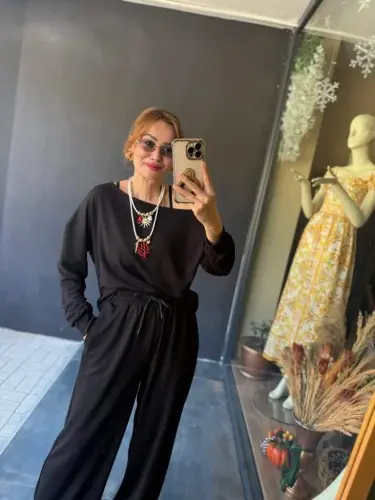 Kadın Uzun Kollu Tek Omuzdan Açık Viskon Iki Iplik Bluz Ve Pantolon Ikili Takım - 1