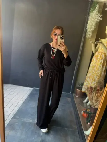 Kadın Uzun Kollu Tek Omuzdan Açık Viskon Iki Iplik Bluz Ve Pantolon Ikili Takım - 2