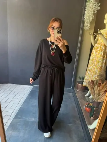 Kadın Uzun Kollu Tek Omuzdan Açık Viskon Iki Iplik Bluz Ve Pantolon Ikili Takım - 3