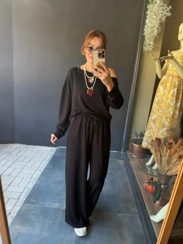 Kadın Uzun Kollu Tek Omuzdan Açık Viskon Iki Iplik Bluz Ve Pantolon Ikili Takım - 3