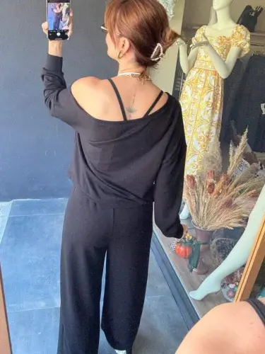 Kadın Uzun Kollu Tek Omuzdan Açık Viskon Iki Iplik Bluz Ve Pantolon Ikili Takım - 4