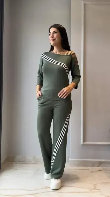 Kadın Uzun Kollu Truvakar Kol Tek Omuz çapraz şerit Detaylı Ribanalı Viskon Iki Iplik Bluz Ve Pantolon Ikili Takım - BÜYÜKBEDENIZ