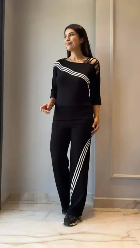 Kadın Uzun Kollu Truvakar Kol Tek Omuz çapraz şerit Detaylı Ribanalı Viskon Iki Iplik Bluz Ve Pantolon Ikili Takım - 1