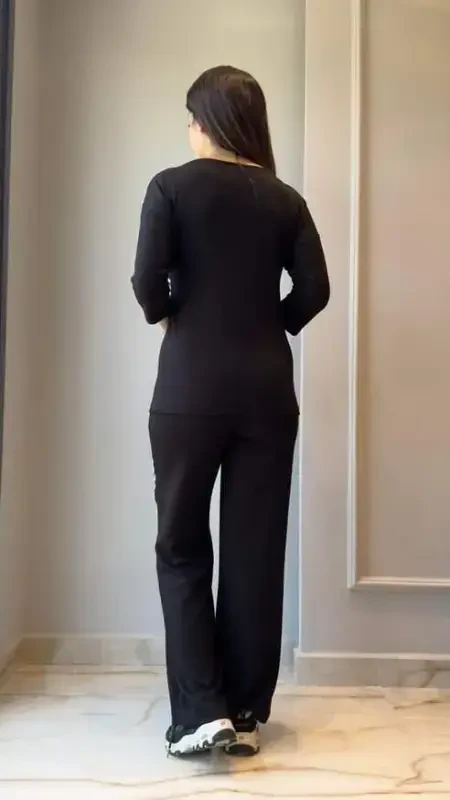 Kadın Uzun Kollu Truvakar Kol Tek Omuz çapraz şerit Detaylı Ribanalı Viskon Iki Iplik Bluz Ve Pantolon Ikili Takım - 4