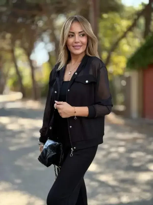 Kadın Uzun Kollu Tül Detaylı önü Düğmeli Viskon Iki Iplik Ceket Ve Pantolon Ikili Takım - 3