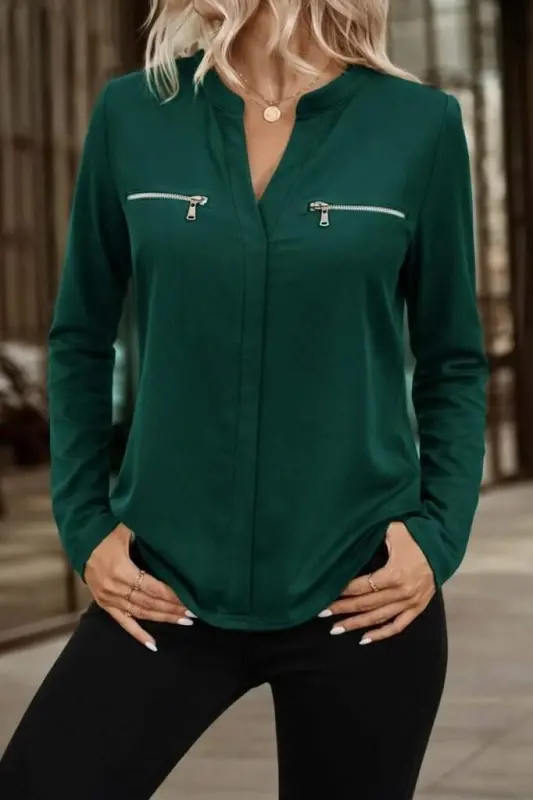 Kadın Uzun Kollu V Hakim Yaka Fermuar Detaylı Viskon Bluz - BÜYÜKBEDENIZ