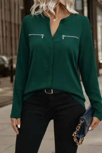 Kadın Uzun Kollu V Hakim Yaka Fermuar Detaylı Viskon Bluz - BÜYÜKBEDENIZ (1)