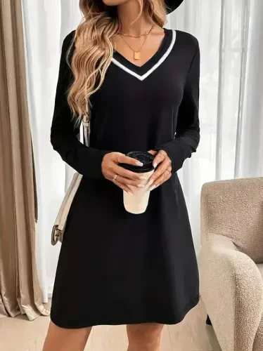 Kadın Uzun Kollu V şerit Yakalı Kısa Viskon Iki Iplik Elbise - 3