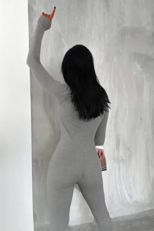 Kadın Uzun Kollu V Yaka Baş Parmak Geçirmeli Detay Kaşkorse Tulum - 2