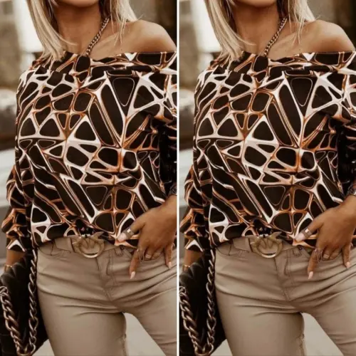 Kadın Uzun Kollu V Yaka Düşük Omuz Geometrik Desen şardonlu Dalgıç Bluz - BÜYÜKBEDENIZ (1)