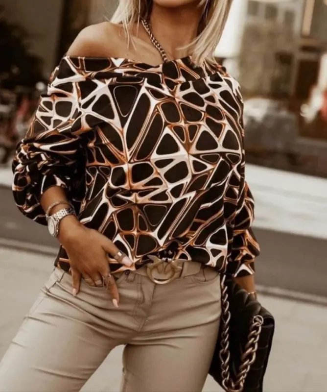 Kadın Uzun Kollu V Yaka Düşük Omuz Geometrik Desen şardonlu Dalgıç Bluz - 1