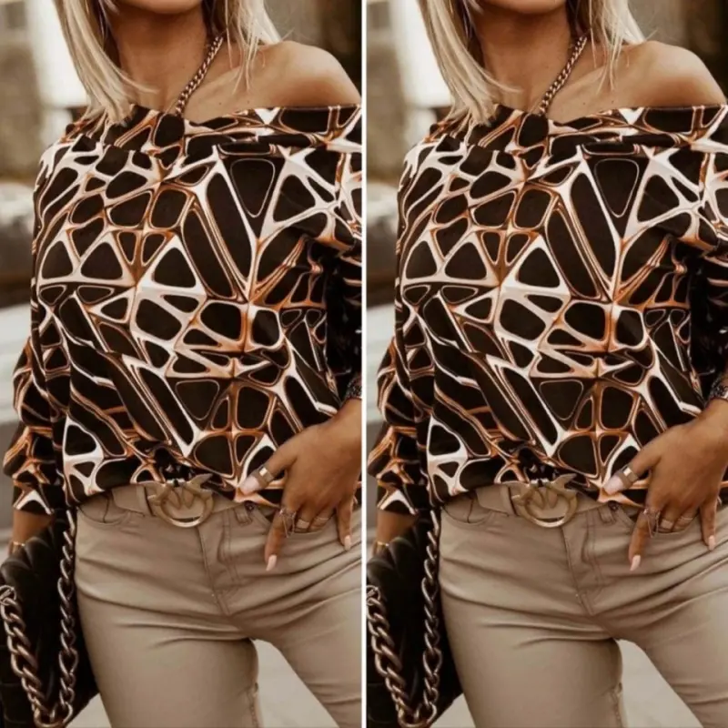 Kadın Uzun Kollu V Yaka Düşük Omuz Geometrik Desen şardonlu Dalgıç Bluz - 2