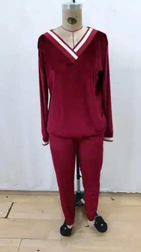 Kadın Uzun Kollu V Yaka Kadife Bluz Ve Pantolon Ikili Takım - 4