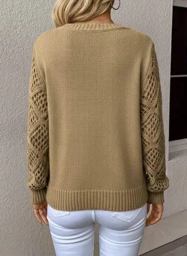 Kadın Uzun Kollu V Yaka Kol Delikli Baklava Desen Detaylı Triko Kazak - 3