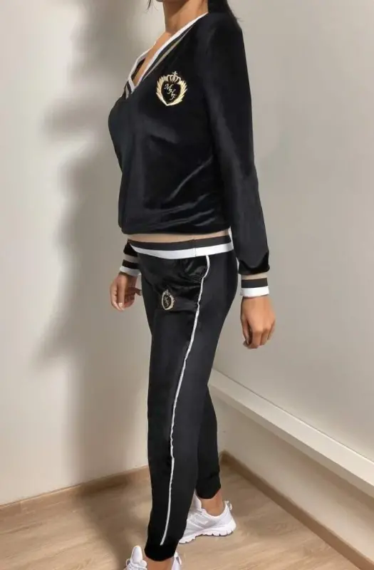 Kadın Uzun Kollu V Yaka Yakası Ve Kol Ağzı şerit Detay Kadife Takım - 5