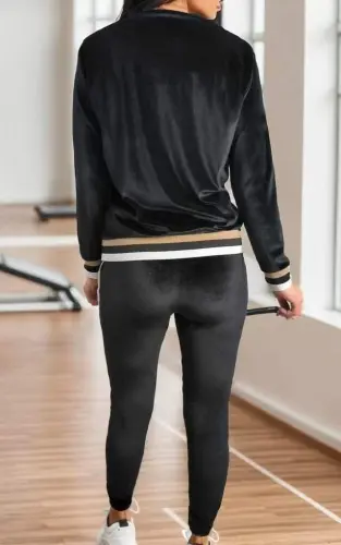 Kadın Uzun Kollu V Yaka Yakası Ve Kol Ağzı şerit Detay Kadife Takım - 6