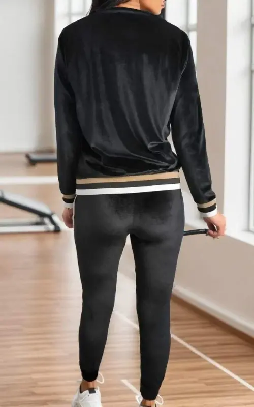 Kadın Uzun Kollu V Yaka Yakası Ve Kol Ağzı şerit Detay Kadife Takım - 6