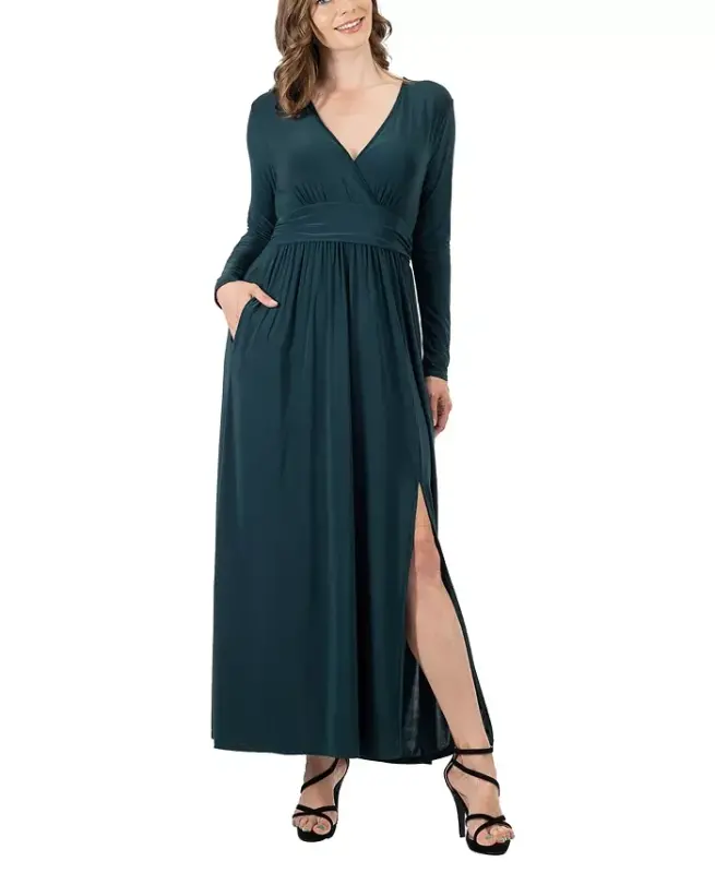 Women's Long Sleeve V-neck Side Slit Maxi Dress - Hunter - 24SEVEN COMFORT APPAREL
