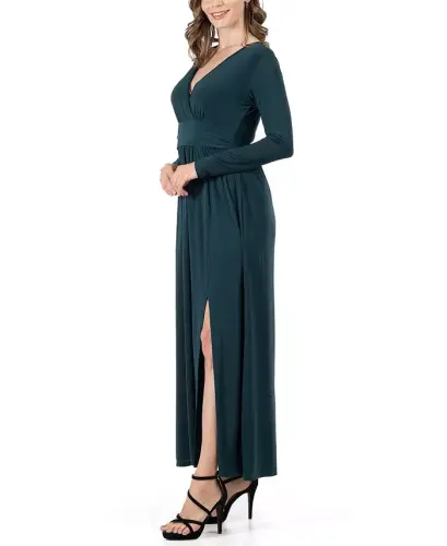 Women's Long Sleeve V-neck Side Slit Maxi Dress - Hunter - 3