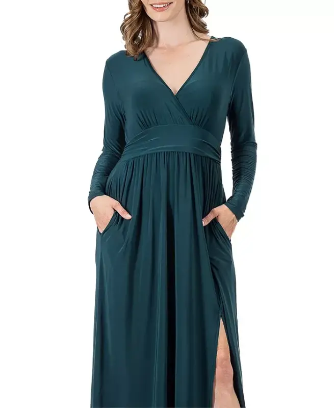 Women's Long Sleeve V-neck Side Slit Maxi Dress - Hunter - 4