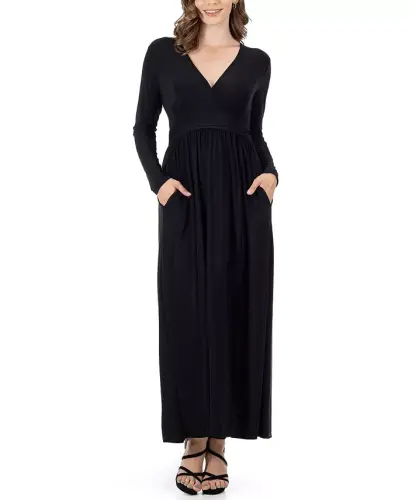 Women's Long Sleeve V-neck Side Slit Maxi Dress - Black - 1