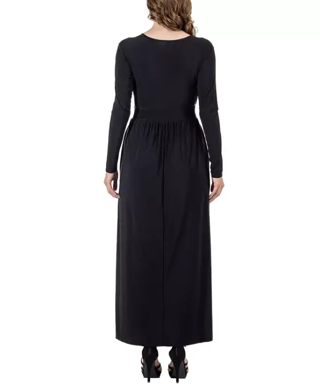 Women's Long Sleeve V-neck Side Slit Maxi Dress - Black - 2