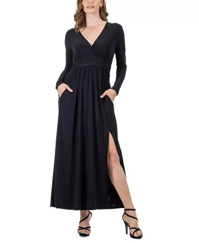 Women's Long Sleeve V-neck Side Slit Maxi Dress - Black - 4