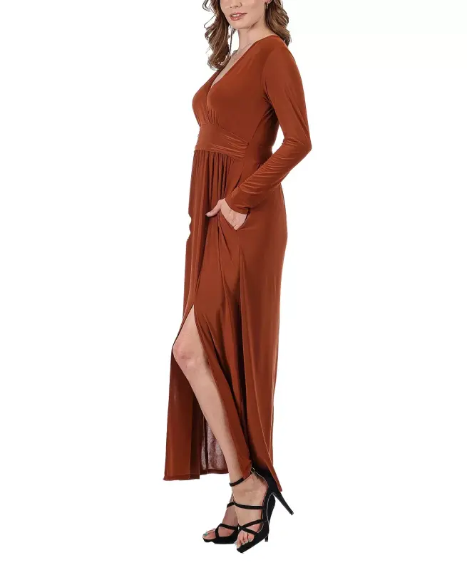 Women's Long Sleeve V-neck Side Slit Maxi Dress-Tobacco - 3
