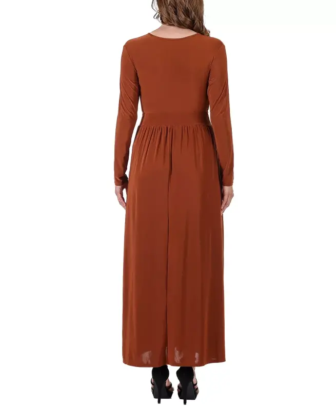 Women's Long Sleeve V-neck Side Slit Maxi Dress - Tobacco - 2
