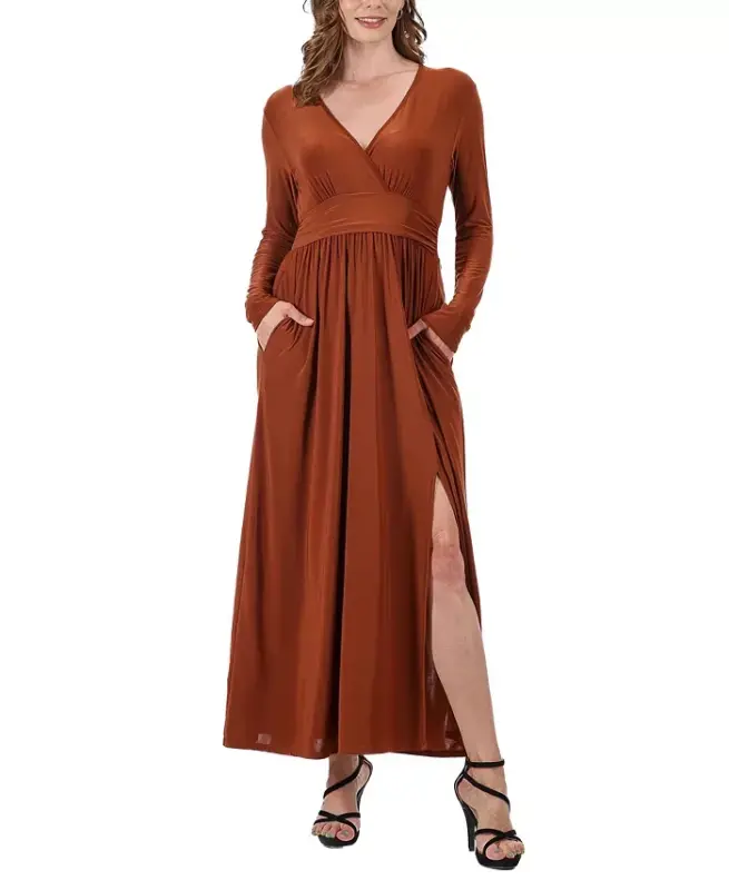 Women's Long Sleeve V-neck Side Slit Maxi Dress - Tobacco - 1