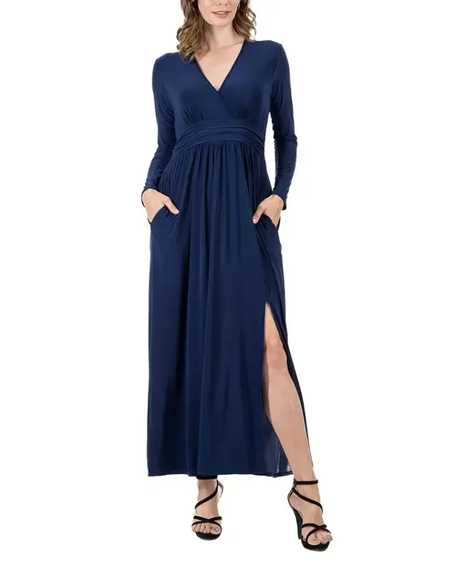 Women's Long Sleeve V-neck Side Slit Maxi Dress - Navy - 24SEVEN COMFORT APPAREL