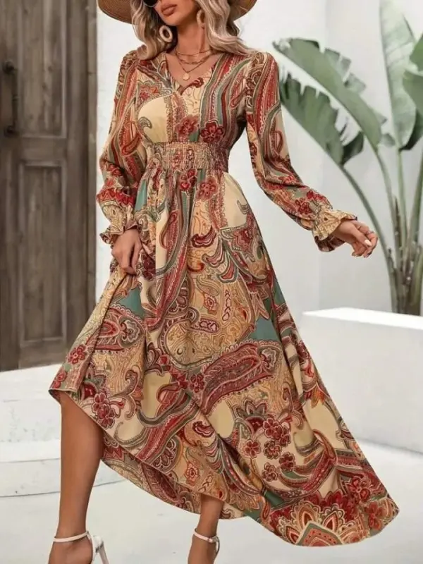 Kadın Uzun Kollu V Yakalı Beli Lastikli Desenli Süprem Elbise - 1