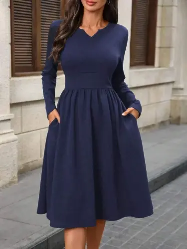 Kadın Uzun Kollu V Yakalı Cepli Midi Ithal Krep Elbise - BÜYÜKBEDENIZ (1)