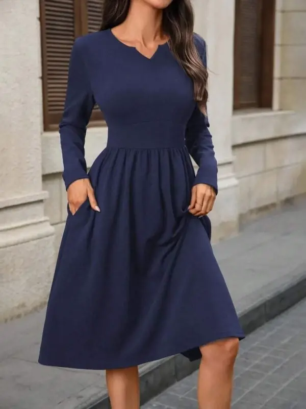 Kadın Uzun Kollu V Yakalı Cepli Midi Ithal Krep Elbise - 3